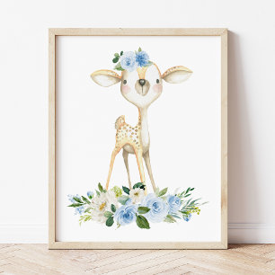 Impression Photo Bébé cerf, Animaux des bois, Boho, Fleurs bleues