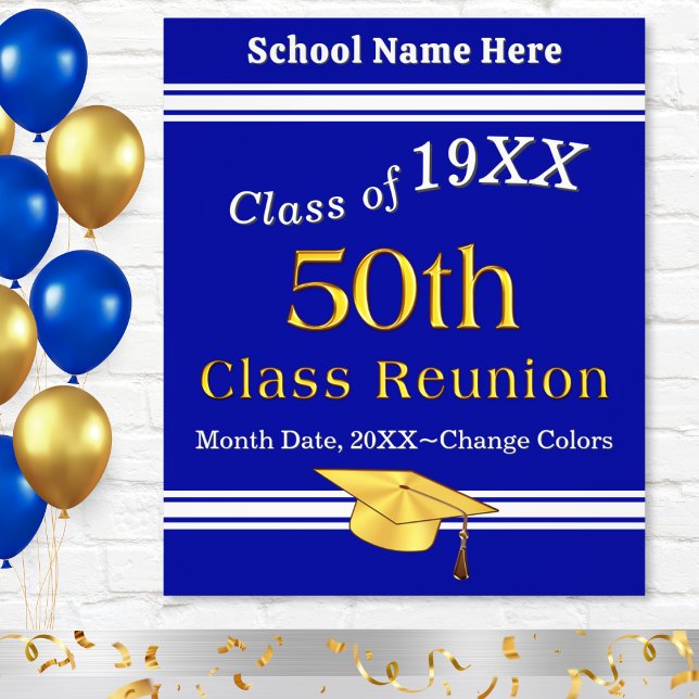 Impression Photo Bleu, blanc et or, 50ème Réunion de Classe, (50th class reunion decorations, blue, white and gold high school reunion poster. 50 year reunion.)