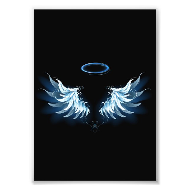 Impression Photo Blue Glowing Angel Wings on black background (Devant)
