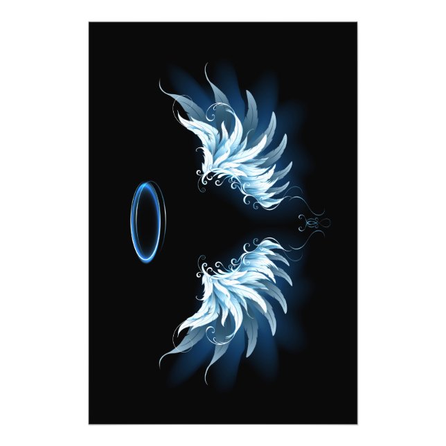 Impression Photo Blue Glowing Angel Wings on black background (Devant)