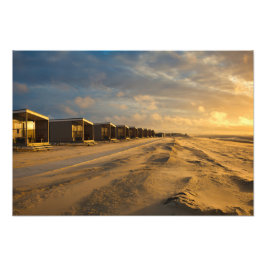 Impression Photo Cabines de plage au coucher du soleil sur la côte