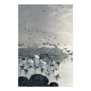 Impression Photo Canards, colverts et cygnes sur le lac au coucher 