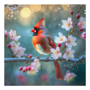 Impression Photo Cardinal mâle au clair de lune Cerisiers en fleurs