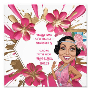 Impression Photo Caricature élégante de grand-mère rose avec plaque
