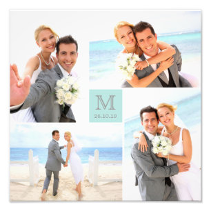 Impression Photo Carré bleu Grille élégant Monogramme 4 Mariage pho