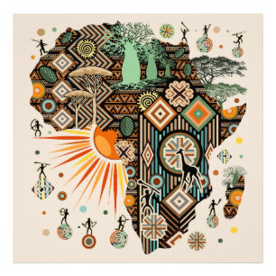Impression Photo Carte d'Afrique Motif Éléments Tribaux Décoratifs