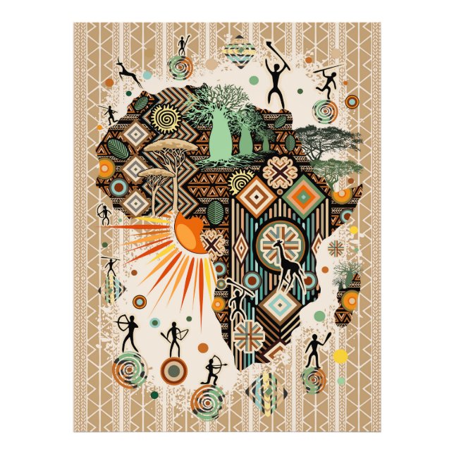 Impression Photo Carte d'Afrique Motif Éléments Tribaux Décoratifs (Devant)