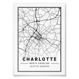 Impression Photo Carte de la ville de Charlotte - Caroline du Nord