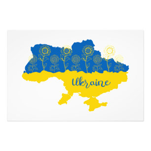 Impression Photo Carte de l'Ukraine avec tournesol et drapeau ukrai