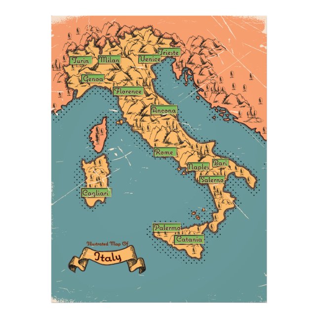 Impression Photo Carte de Voyage Illustrée De L'Italie (Devant)