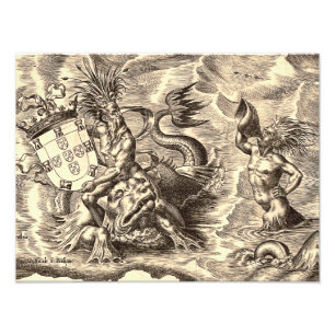 Impression Photo Carte du monde de Poséidon et Dauphin