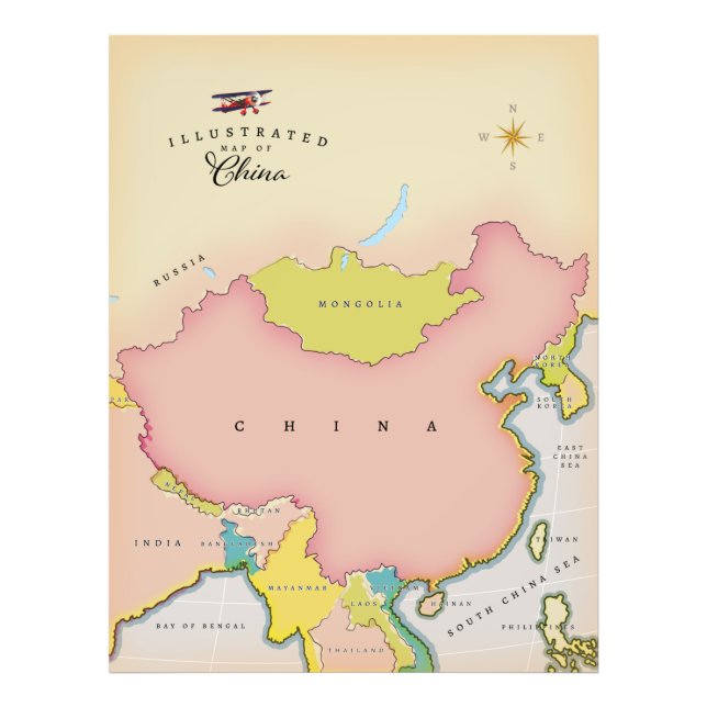 Impression Photo Carte illustrée de la Chine (Devant)