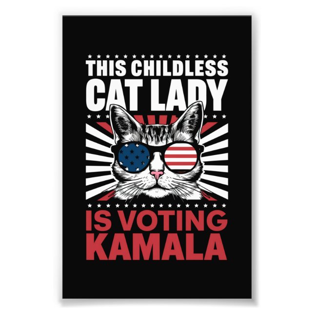 Impression Photo Cette dame au chat sans enfant vote Kamala 2024 (Devant)