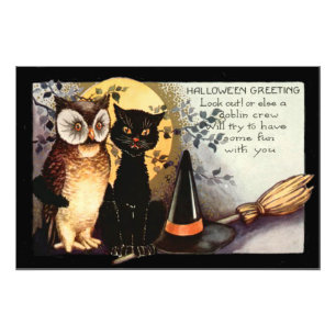 Impression Photo Chapeau de sorcière pleine lune chat noir hibou
