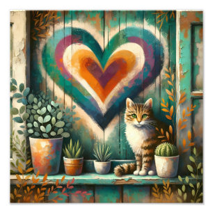 Impression Photo Charmant Chat Rustique Coeur Sarcelle, Ambre & Crè