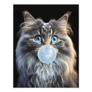 Impression Photo Chat aux yeux bleus soufflant un chewing-gum bleu