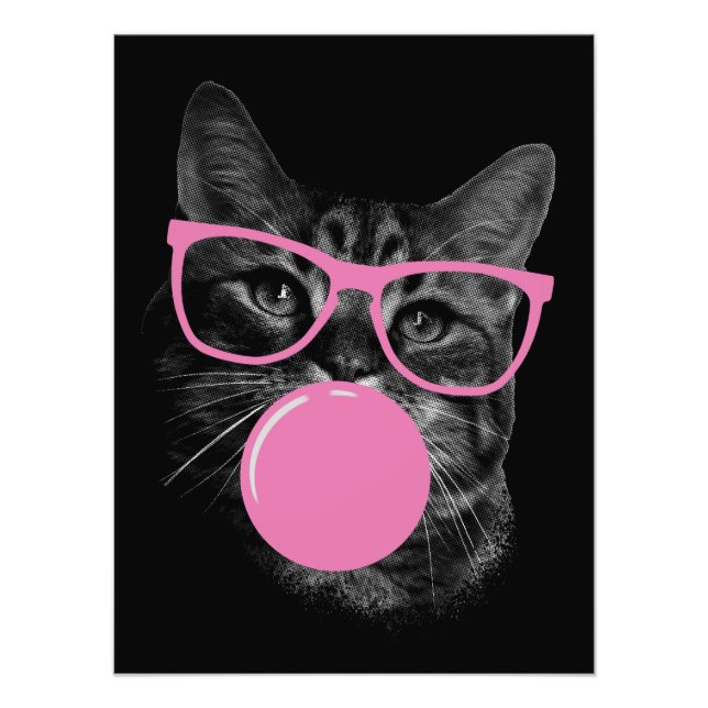 Impression Photo Chat cool avec lunettes roses et gomme à bulles (Devant)