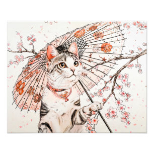 Impression Photo Chat Geisha Gracieux avec Parasol Orné et Cerise