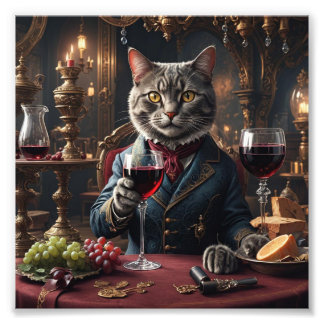 Impression Photo Chat victorien avec verre de vin rouge