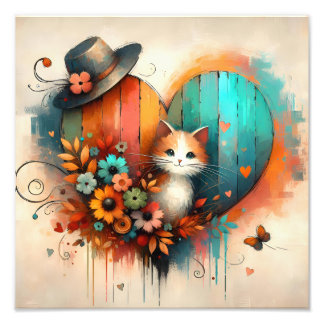 Impression Photo Chaton Fantaisiste aux Fleurs Sarcelle et Orange B