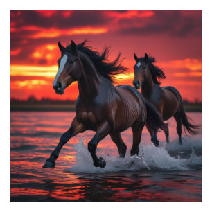 Impression Photo Chevaux courir sauvage sous un ciel enflammé