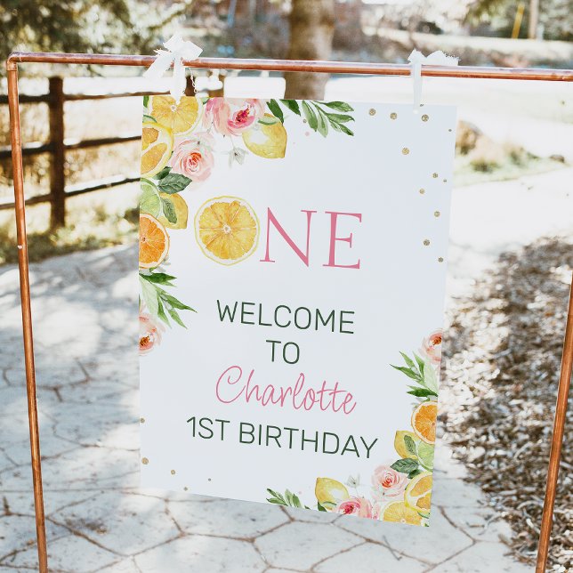 Impression Photo Citrus floral rose 1er Affiche de bienvenue d'anni (Citrus themed or our little sweet one 1st birthday welcome sign with oranges, lemons and pink flower)