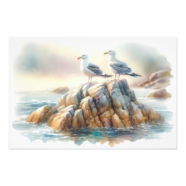 Impression Photo Coastal Seagulls Watercolor Seascape (Devant)