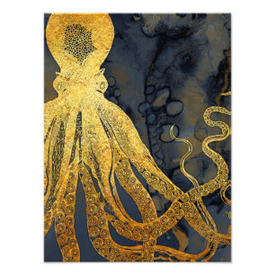 Impression Photo Coastère Vintage Octopus Gold Black Blue Aquarelle
