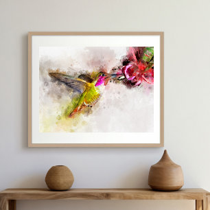 Impression Photo Colibri se nourrissant sur une fleur rose Aquarell