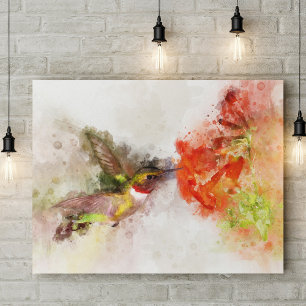 Impression Photo Colibri volant avec fleur Aquarelle - 05