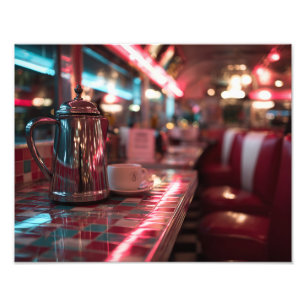 Impression Photo Comptoir de diner rouge néon, scène nocturne rétro
