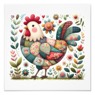 Impression Photo Coq en patchwork folklorique avec accents floraux
