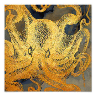 Impression Photo Côte Vintage or bleu noir octopus aquarelle