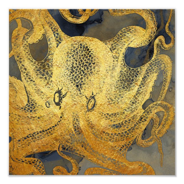 Impression Photo Côte Vintage or bleu noir octopus aquarelle (Devant)