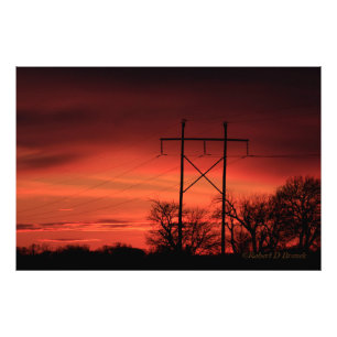 Impression Photo Coucher de soleil du Kansas, lignes électriques Ph