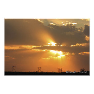 Impression Photo Coucher du soleil du Kansas, lignes électriques, é