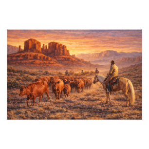 Impression Photo Cow-boy menant des vaches au coucher du soleil