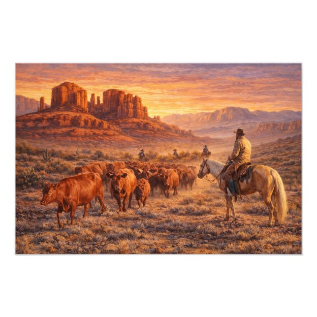 Impression Photo Cowboy Herding Cows at Sunset (Devant)