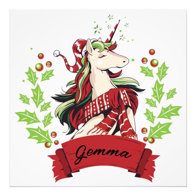 Impression Photo Cute Christmas Unicorn Nom personnalisé (Devant)