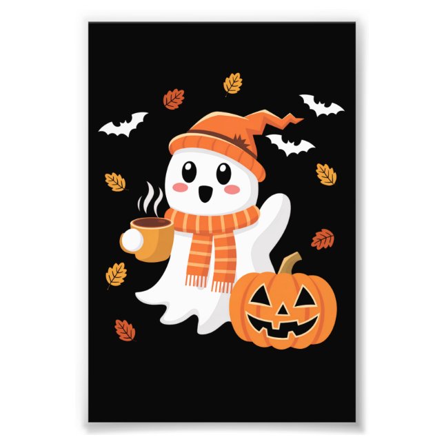 Impression Photo Cute Ghost Boire Café de glace Halloween (Devant)