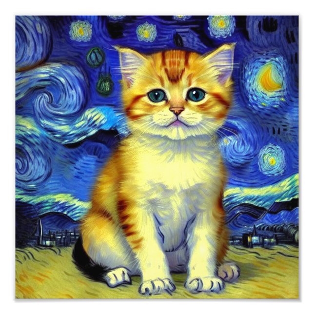 Impression Photo Cute Kitten Starry Night Van Gogh (Devant)