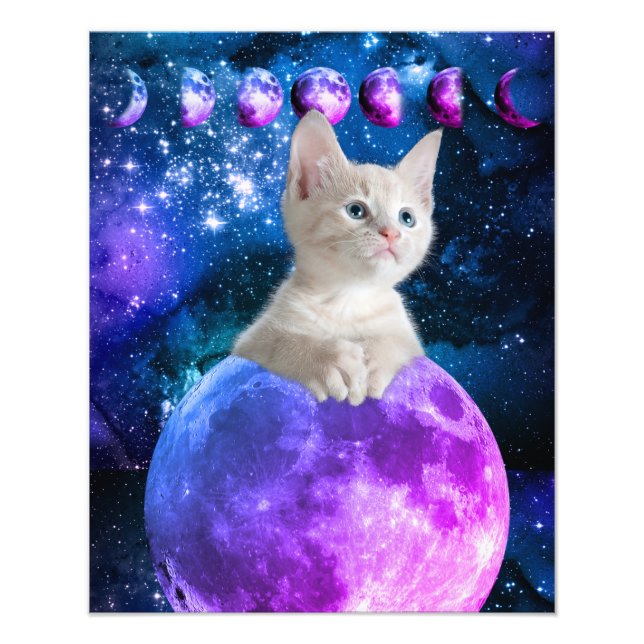 Impression Photo Cute Kitten Sur La Lune Étoiles Lumineuses Univers (Devant)