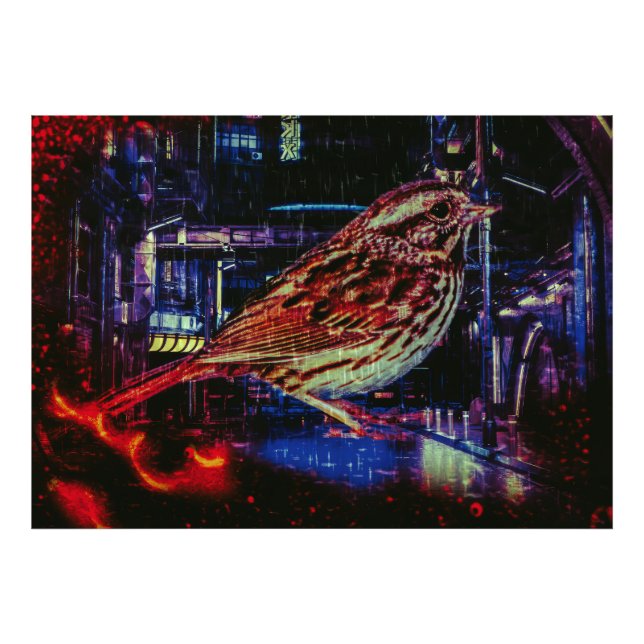 Impression Photo Cyberpunk Sparrow dans Neon Cityscape (Devant)