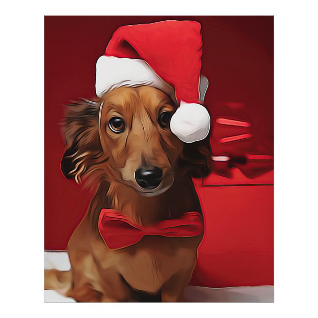 Impression Photo Dachshund Assis Devant Un Cadeau De Noël Pos (Devant)