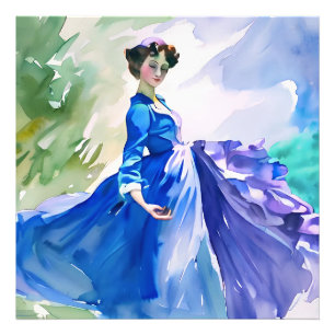 Impression Photo Dame en Robe Bleue - Peinture aquarelle