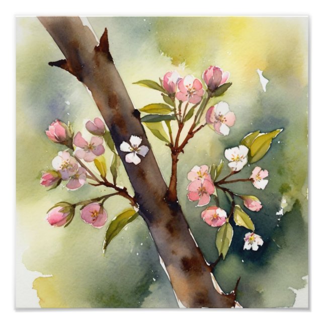 Impression Photo Délicat Fleurs de cerisier Aquarelle Peinture (Devant)