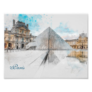Impression Photo Dessin aquarelle du Louvre Paris, France