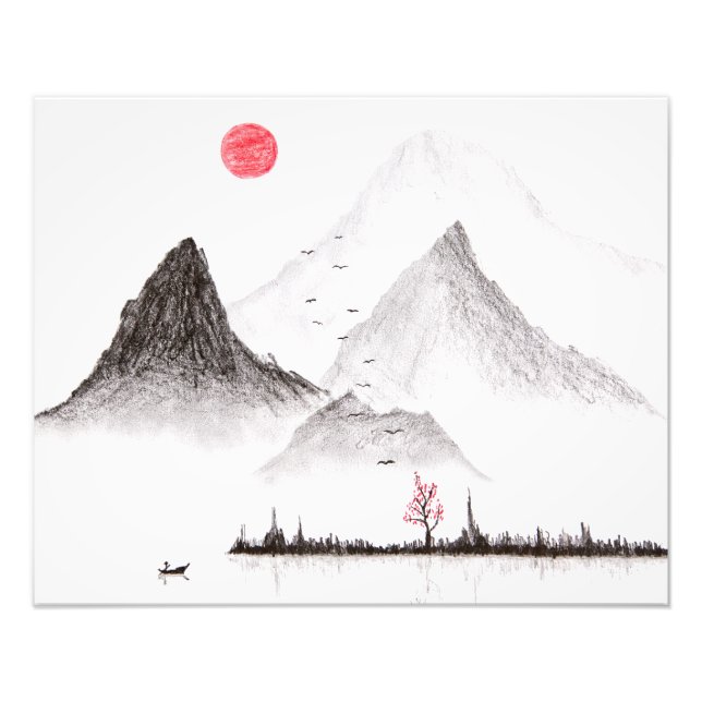 Impression Photo Dessin de style Sumi-e traditionnel japonais. Mont (Devant)