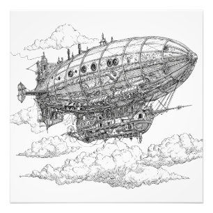 Impression Photo Dessin détaillé Vintage Dirigible Steampunk