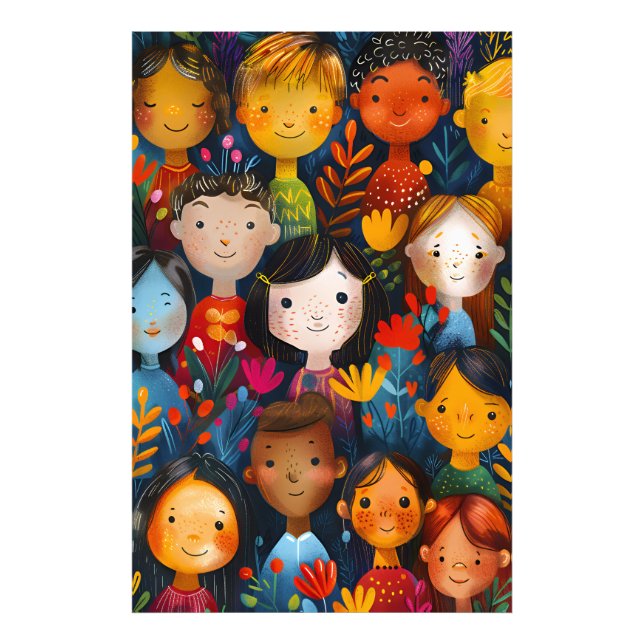 Impression Photo Diverse Happy Children Floral Pattern Illustration (Devant)